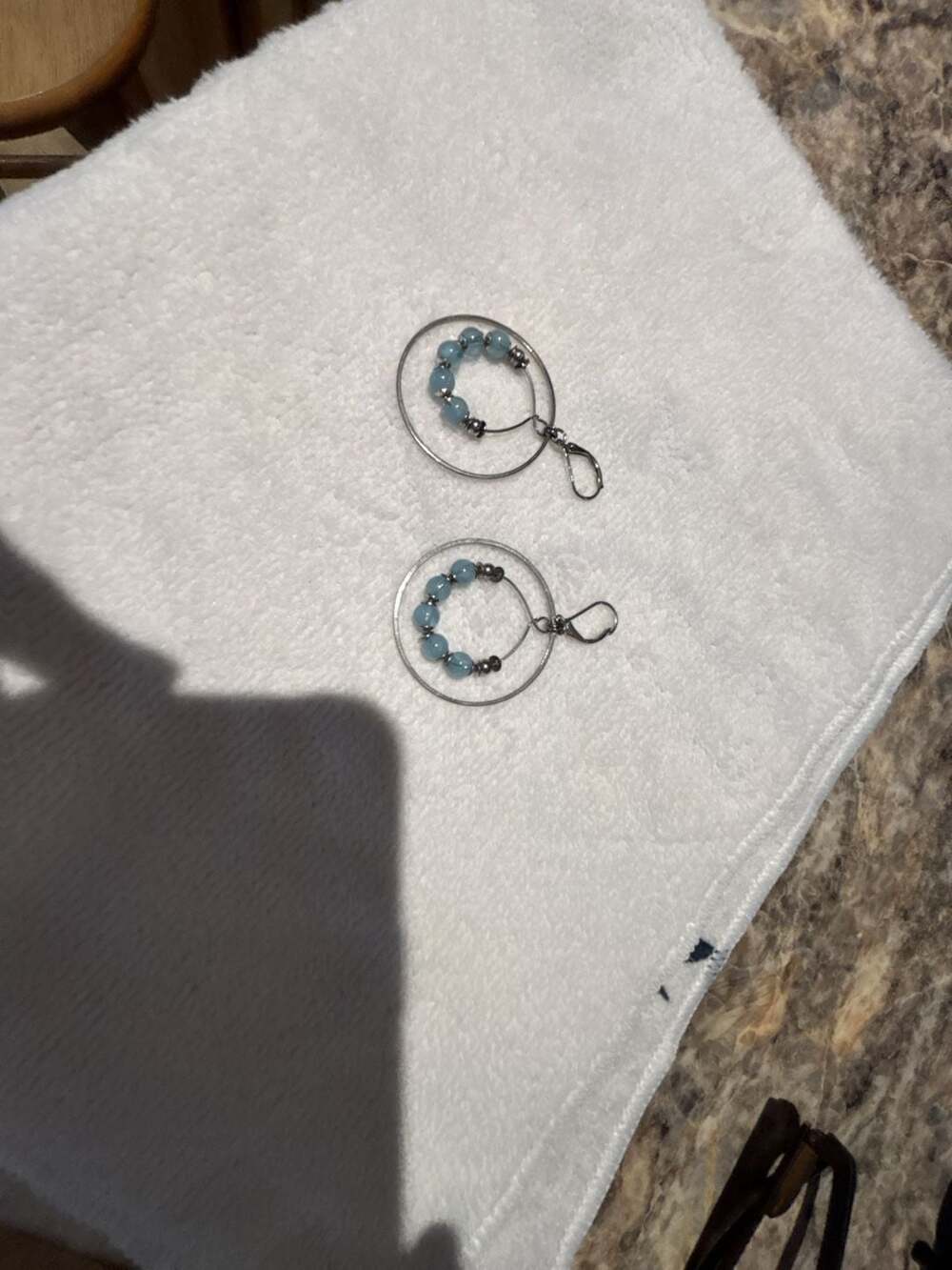 Handmade Silver-Tone Wire and Beaded Hoop Leverback Earrings with Light Blue Cry